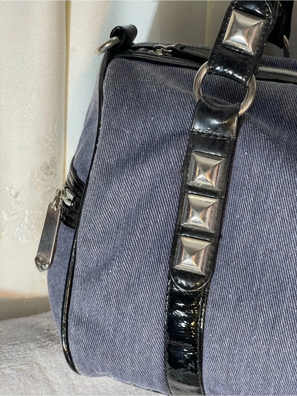BetseyJohnson Studded Denim Barrel Bag with Patent Trim